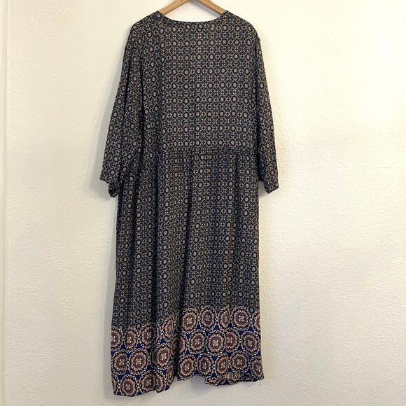 Vermont Country Store Midi Dress 3X Button Lightweight Geometric Blue Boho - Picture 5 of 11